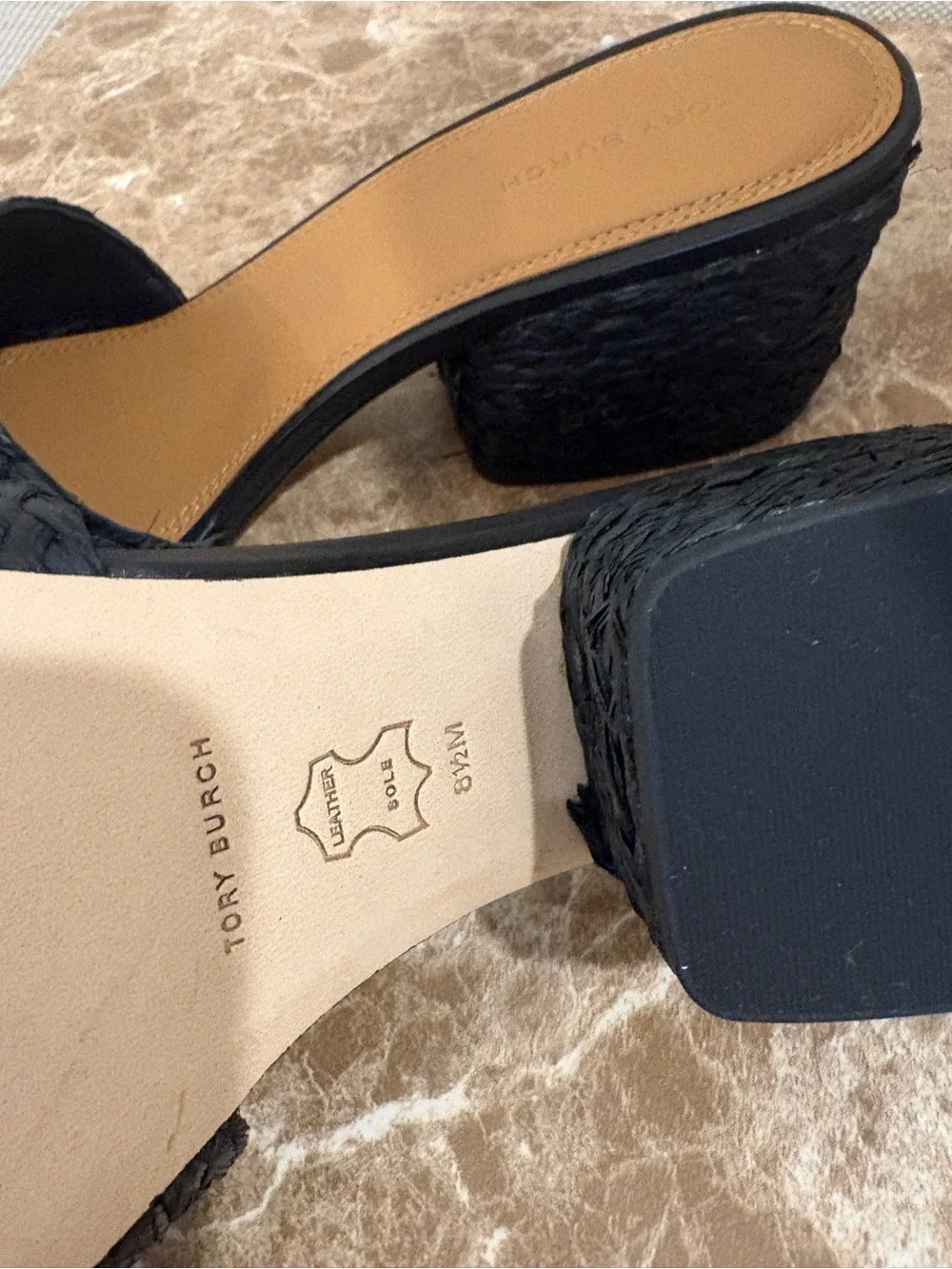 Tory Burch Black Raffia Slide Mules with Gold Logo